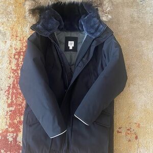 GAP Kids Black Parka Jacket with Faux Fur Hood